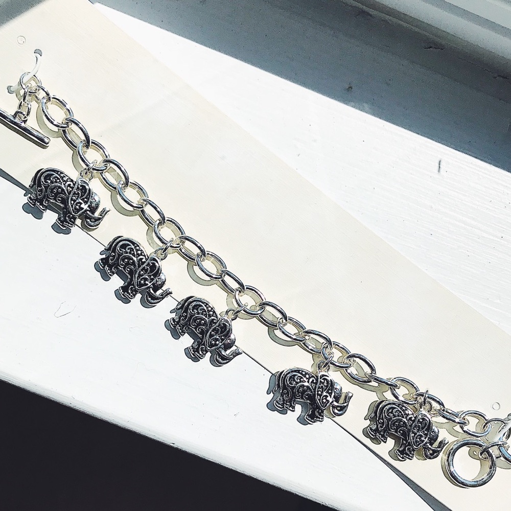Silvertone Scroll Elephant Charm Toggle Bracelet